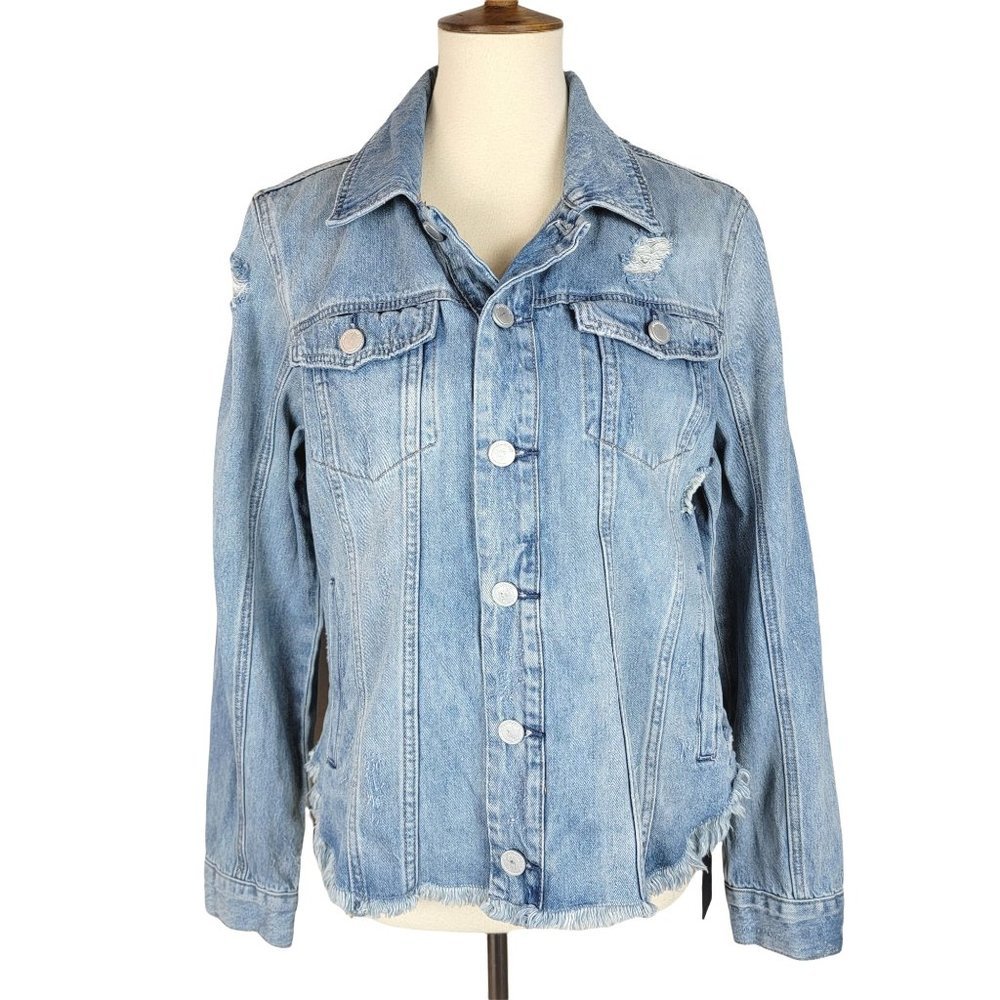 Blank NYC Blue Distressed Long Sleeves Button Down Denim Jean Shirt Jacket M